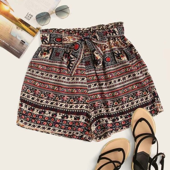 SHEIN Aztec Print Self Tie Paperbag Shorts - Picture 1 of 2